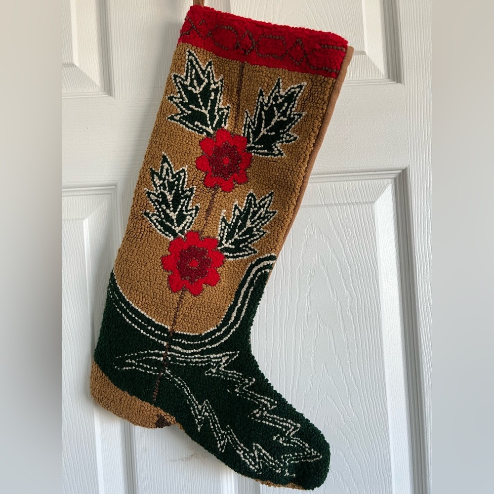 Unique Cowboy boot stocking.  Very intricate.  Red with black details.